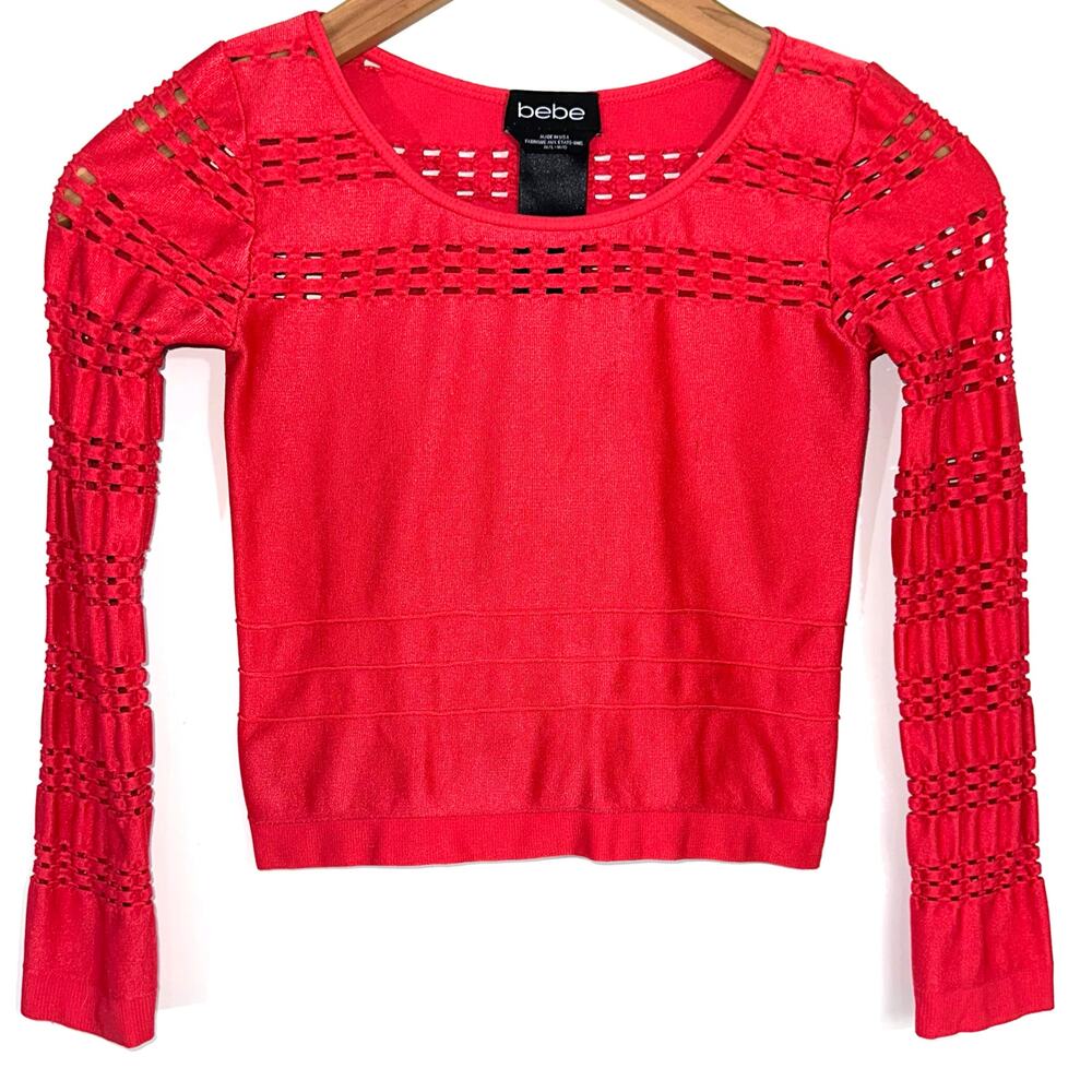 Bebe Y2K Cutout Cropped Hot Pink Long Sleeve Stretch Crop Top Size M/L